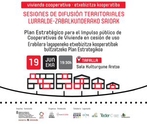 Cartel que informa sobre la sesión de vivienda colaborativa que se realizará en Tafalla el 19 de junio a las 19:30 horas